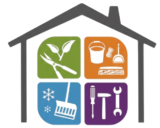 HamaRein mit einer Haussilhouette und vier farbigen Service-Icons: Gartenpflege, Reinigungsmittel, Winterdienste und Werkzeuge